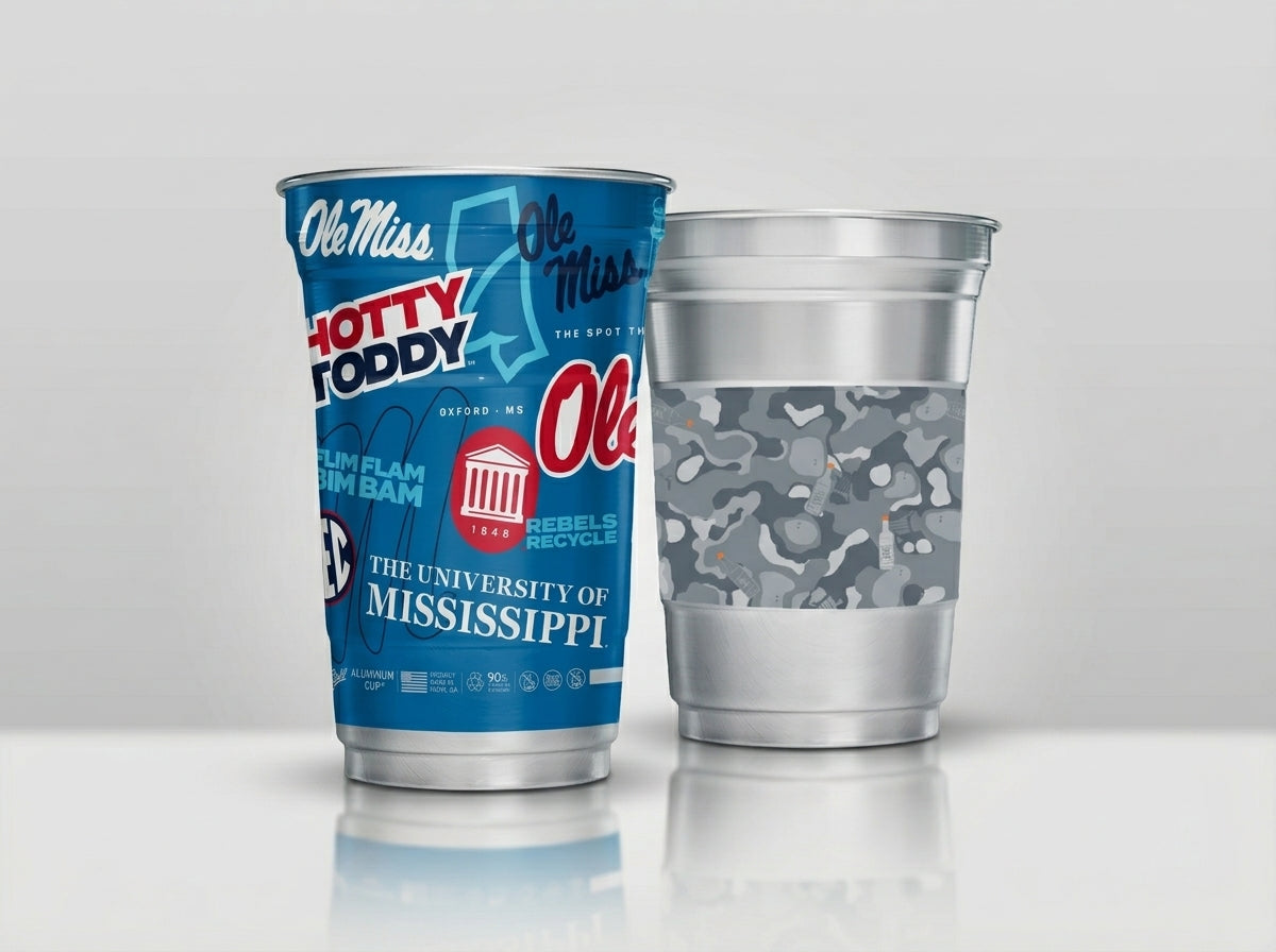 Custom printed Top Cups — collegiate and camo pattern examples
