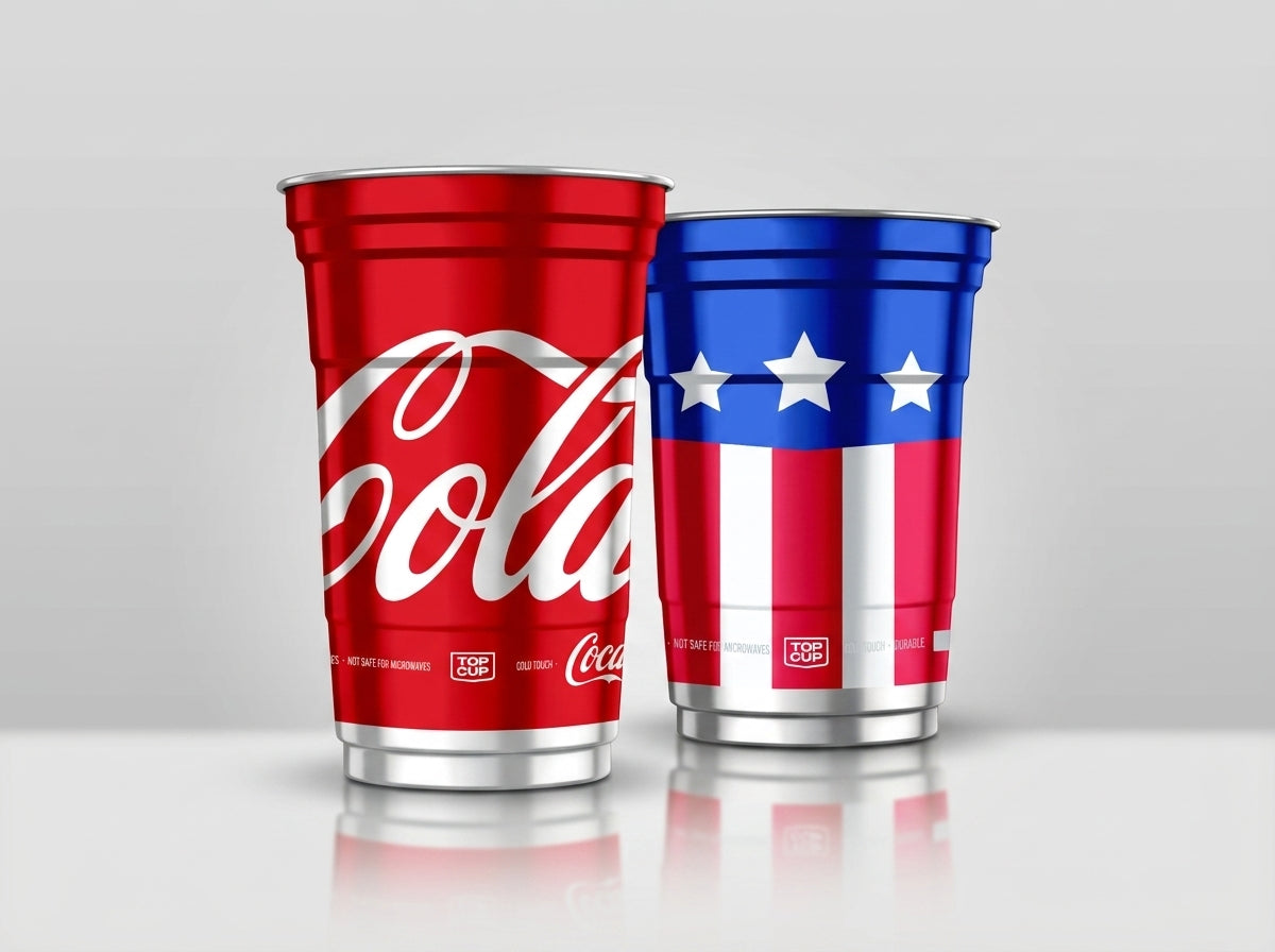Seasonal and licensed Top Cups — Coca-Cola and stars-and-stripes designs